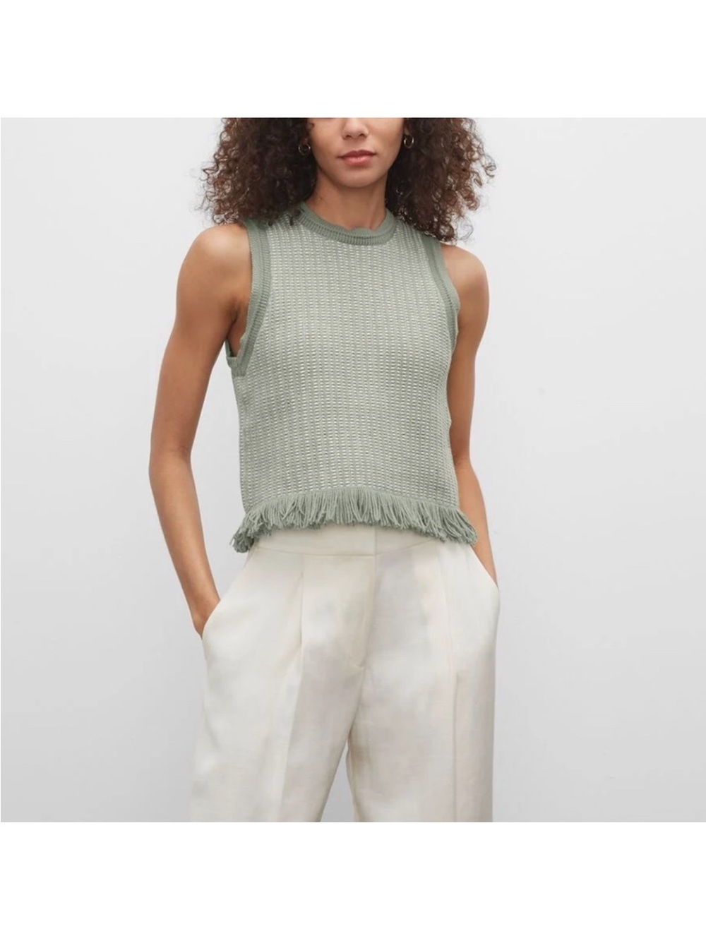 Club Monaco Fringe-Hem Knit Tank Top - Sage